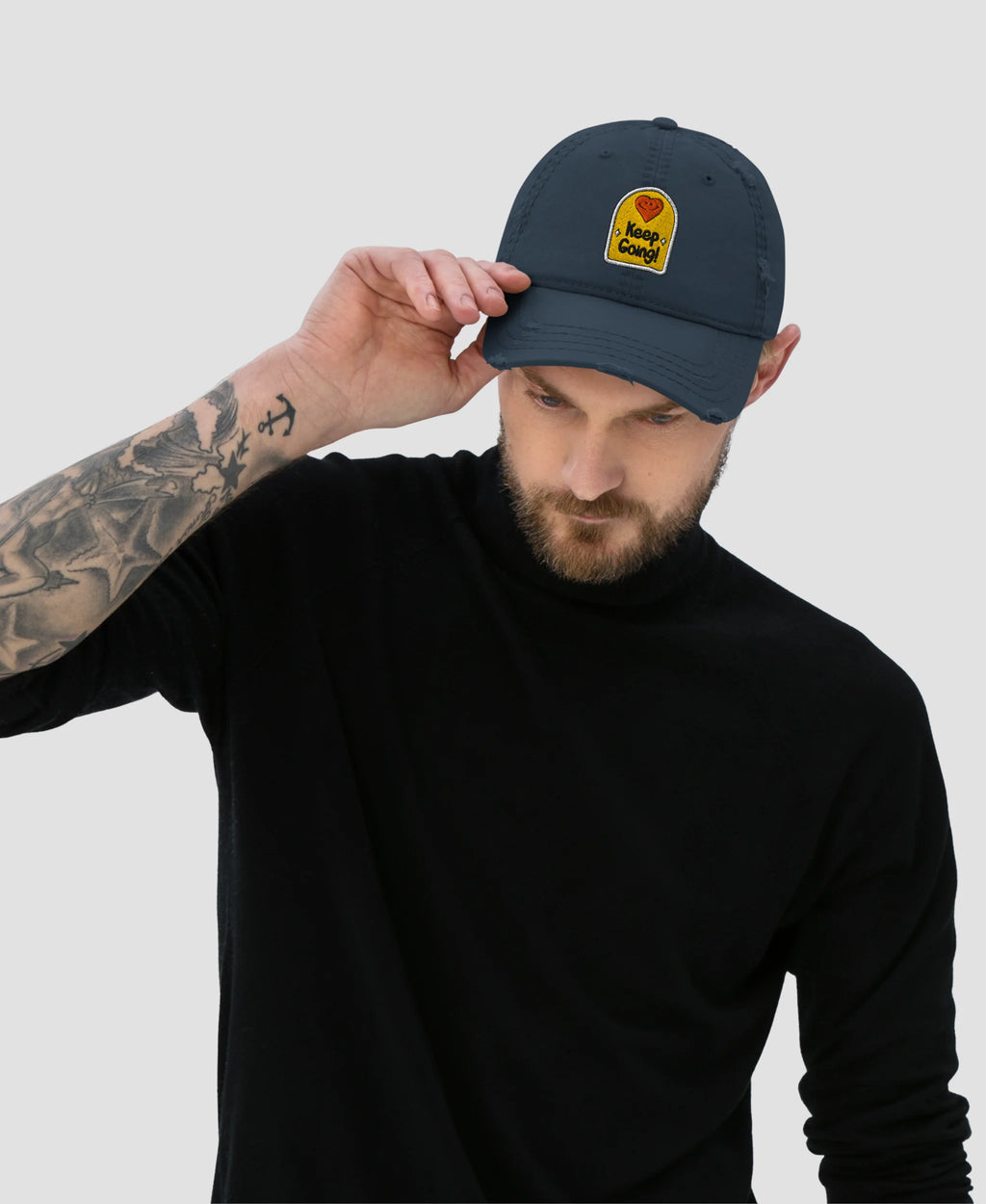 Keep Going Heart Smiley Embroidered Distressed Dad Hat
