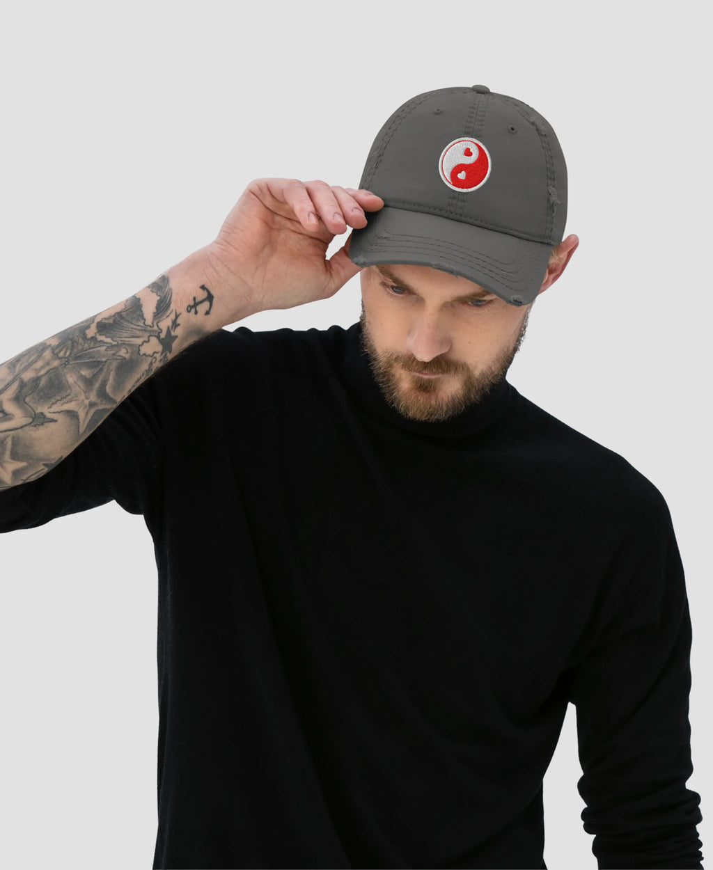 Pink Pastel Heart Yin Yang Embroidered Distressed Dad Hat