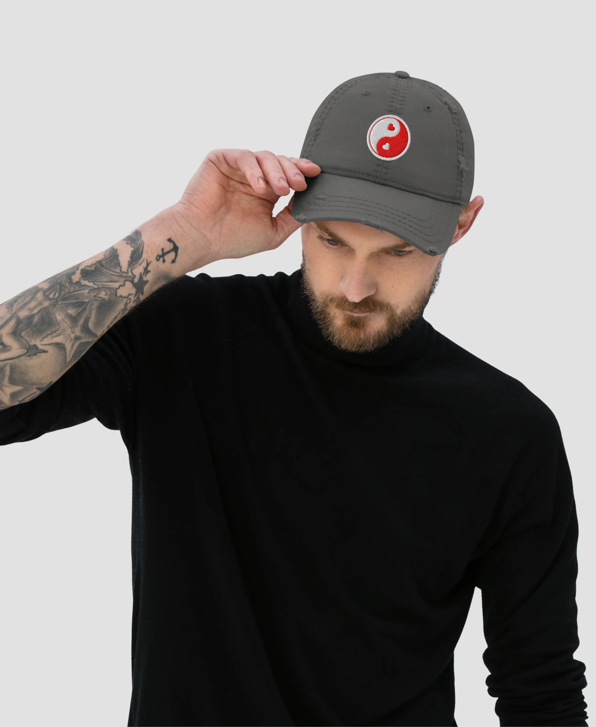 Pink Pastel Heart Yin Yang Embroidered Distressed Dad Hat