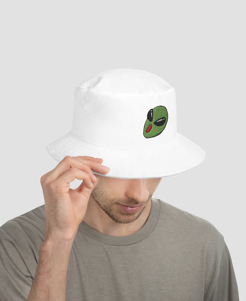 90s Grunge Green Alien Embroidered Cotton Bucket Hat | Retro Brim
