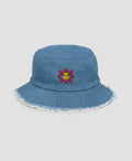 Trippy Flower Smile Indie Embroidered Distressed Denim Bucket Hat  | Retro Brim
