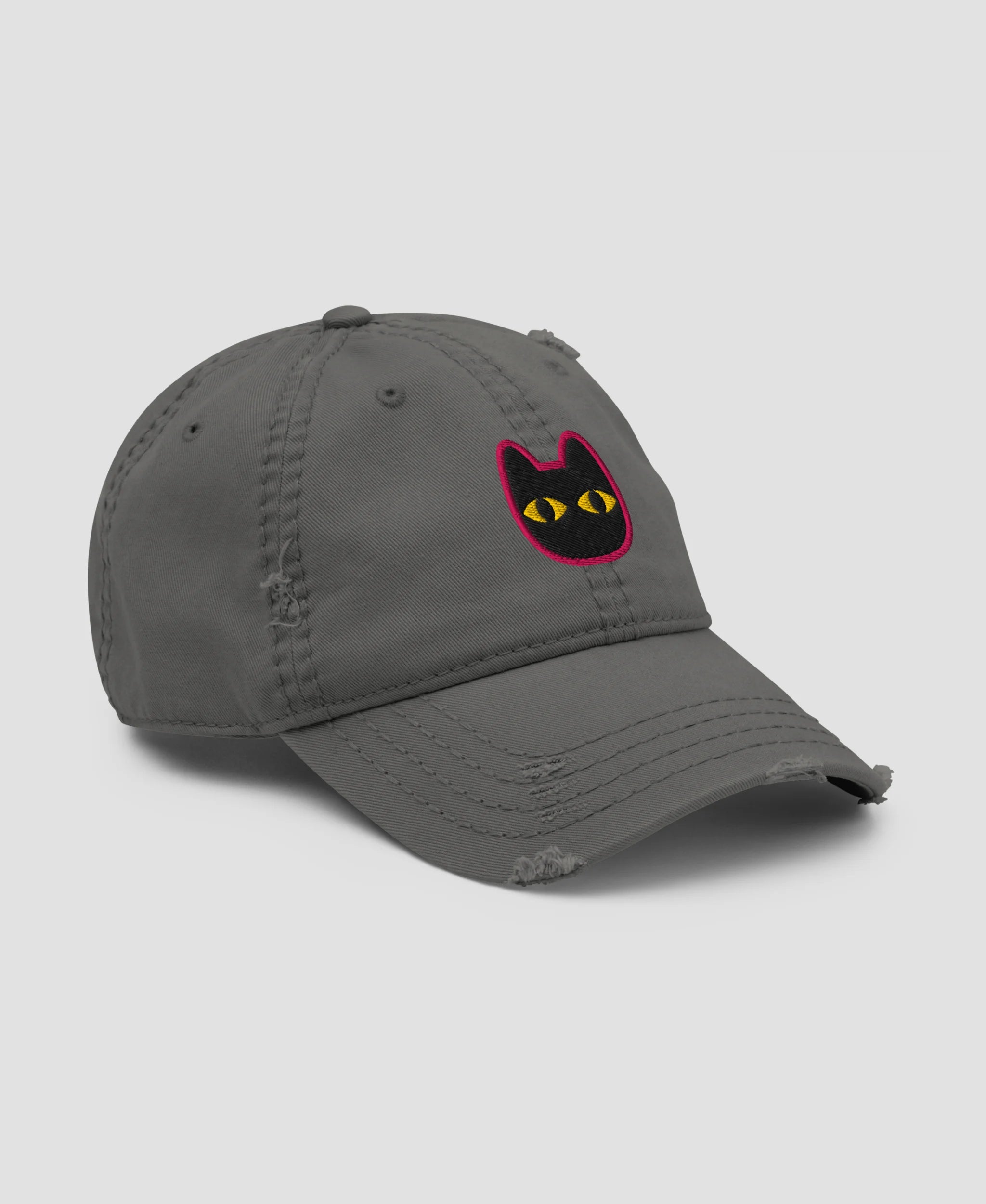 Minimalist Black Cat Big Eyes Embroidered Distressed Dad Hat