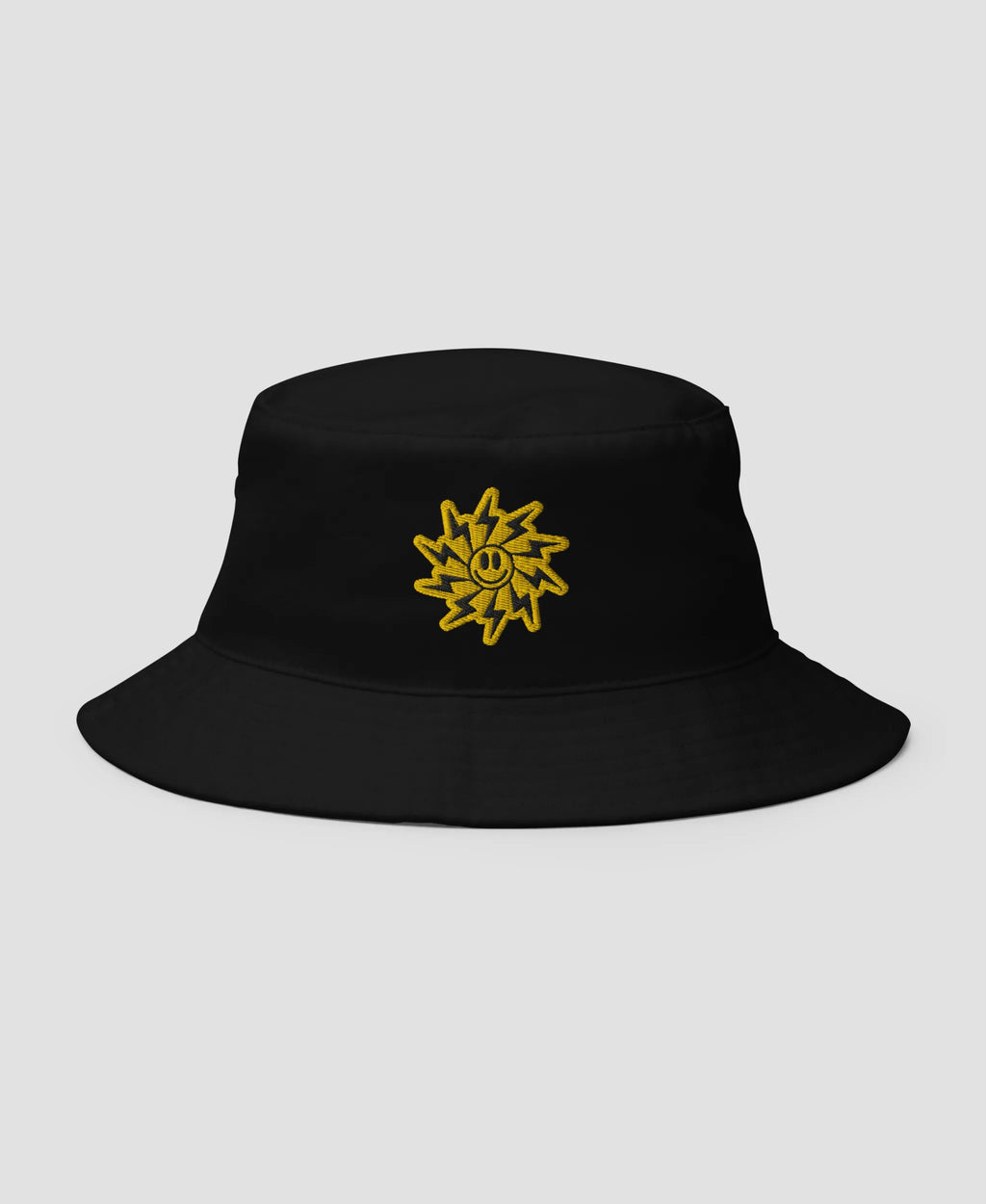 Electric Sun Smiley Face Embroidered Bucket Hat | Retro Brim