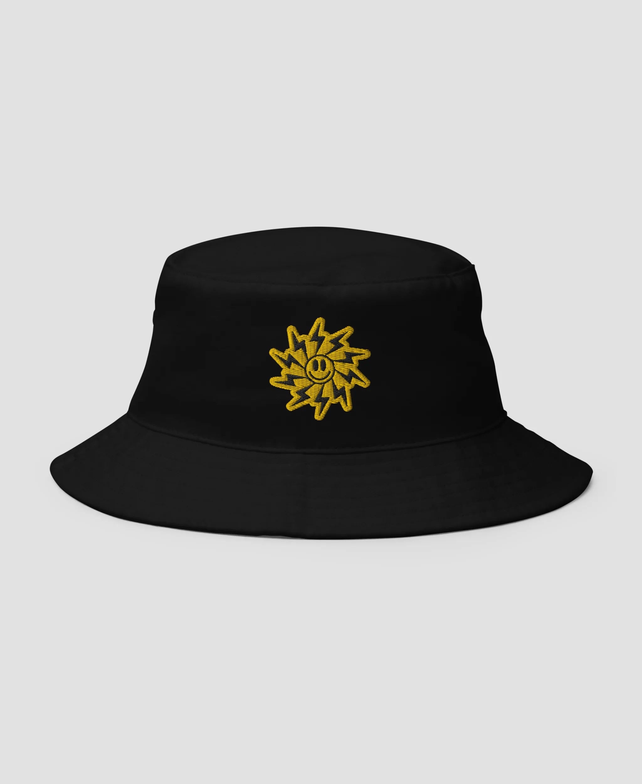 Electric Sun Smiley Face Embroidered Bucket Hat | Retro Brim