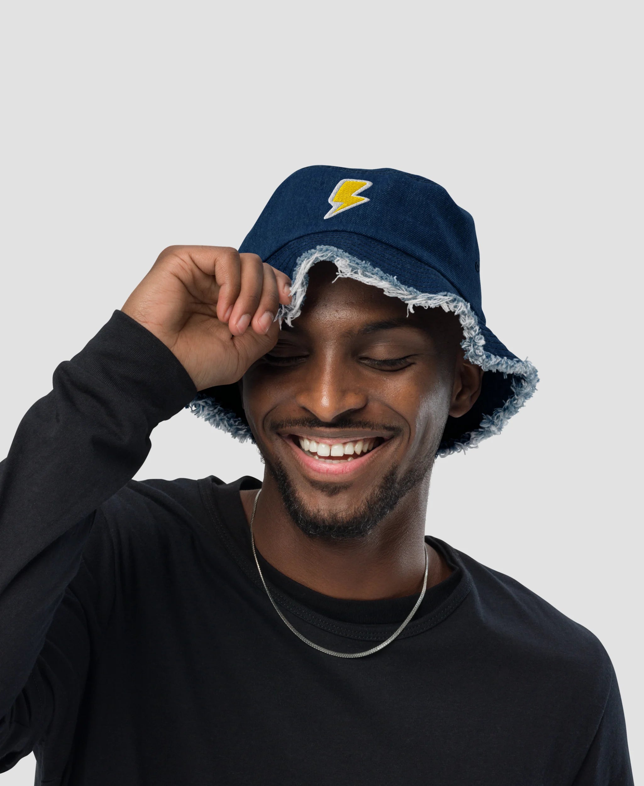 Retro Lightning Bolt Embroidered Distressed Denim Bucket Hat  | Retro Brim