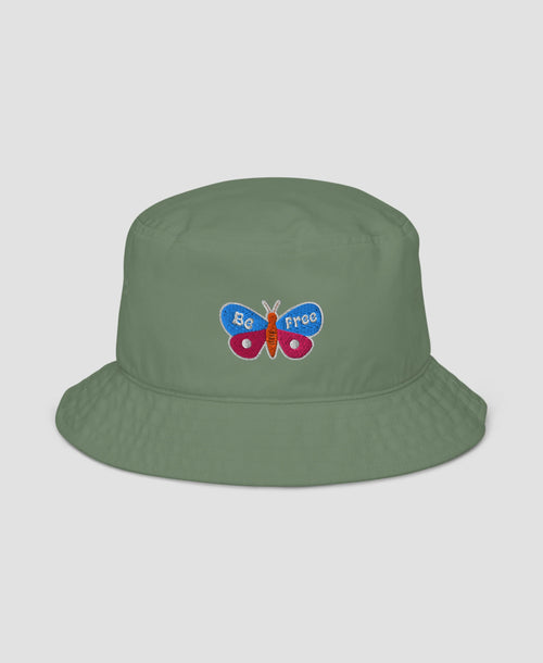 Be Free Vintage Butterfly Embroidered Organic Bucket Hat  | Retro Brim