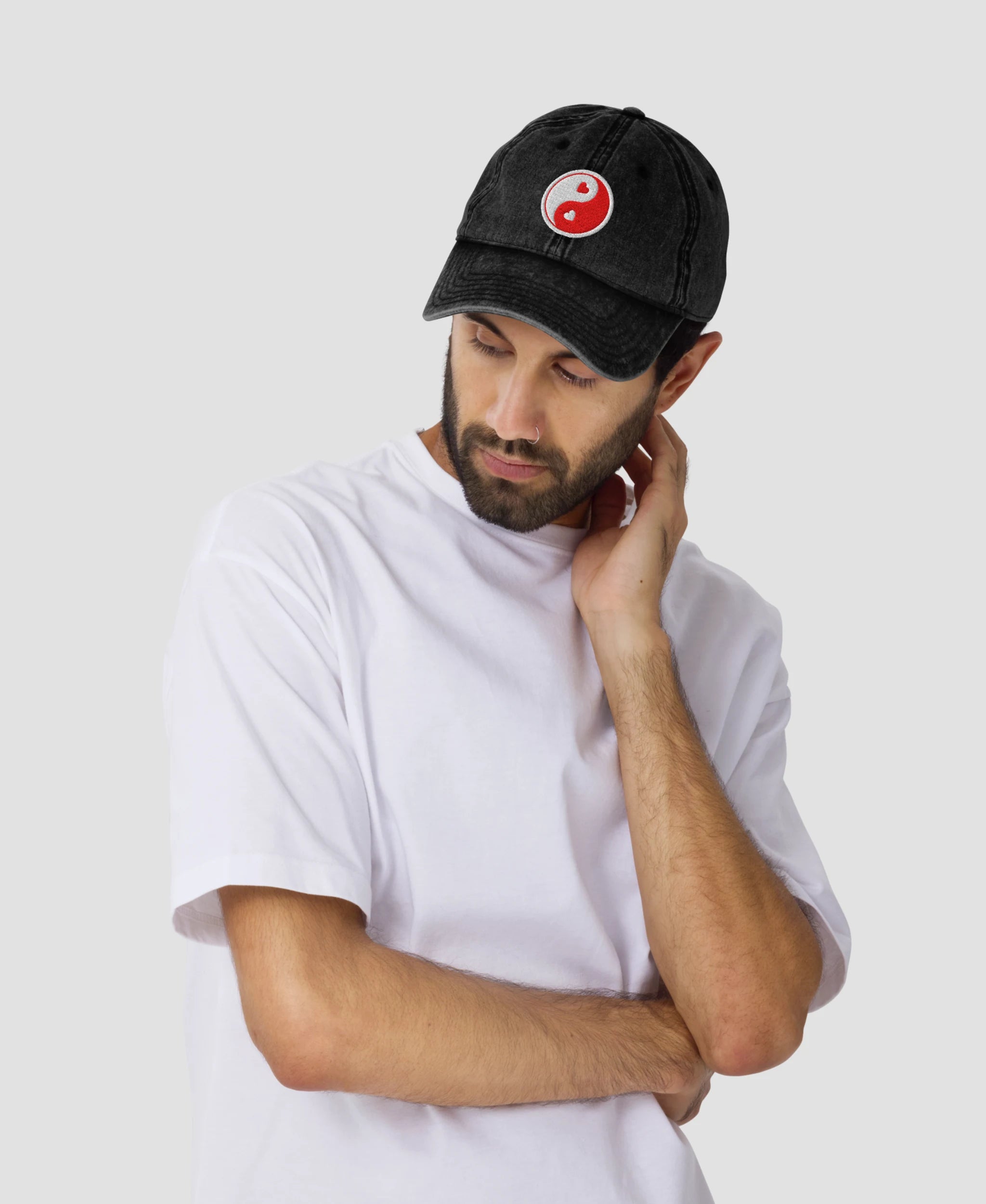 Pink Pastel Heart Yin Yang Embroidered Vintage Cap